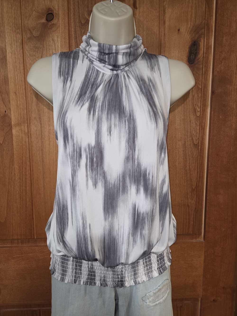Allison Joy Gray‎ and White Sleeveless Mock Neck Blouse